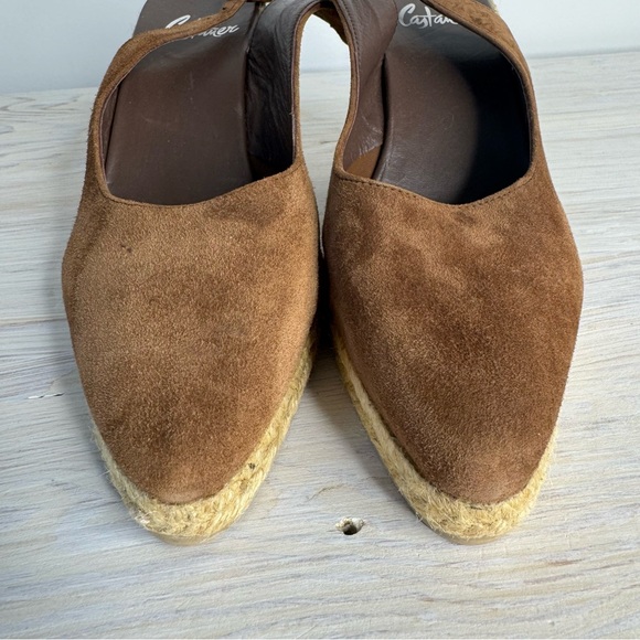 Castaner Chocolate Brown Suede Pointed Toe Sling-back Minimalist Resort Wedges - Picture 3 of 10